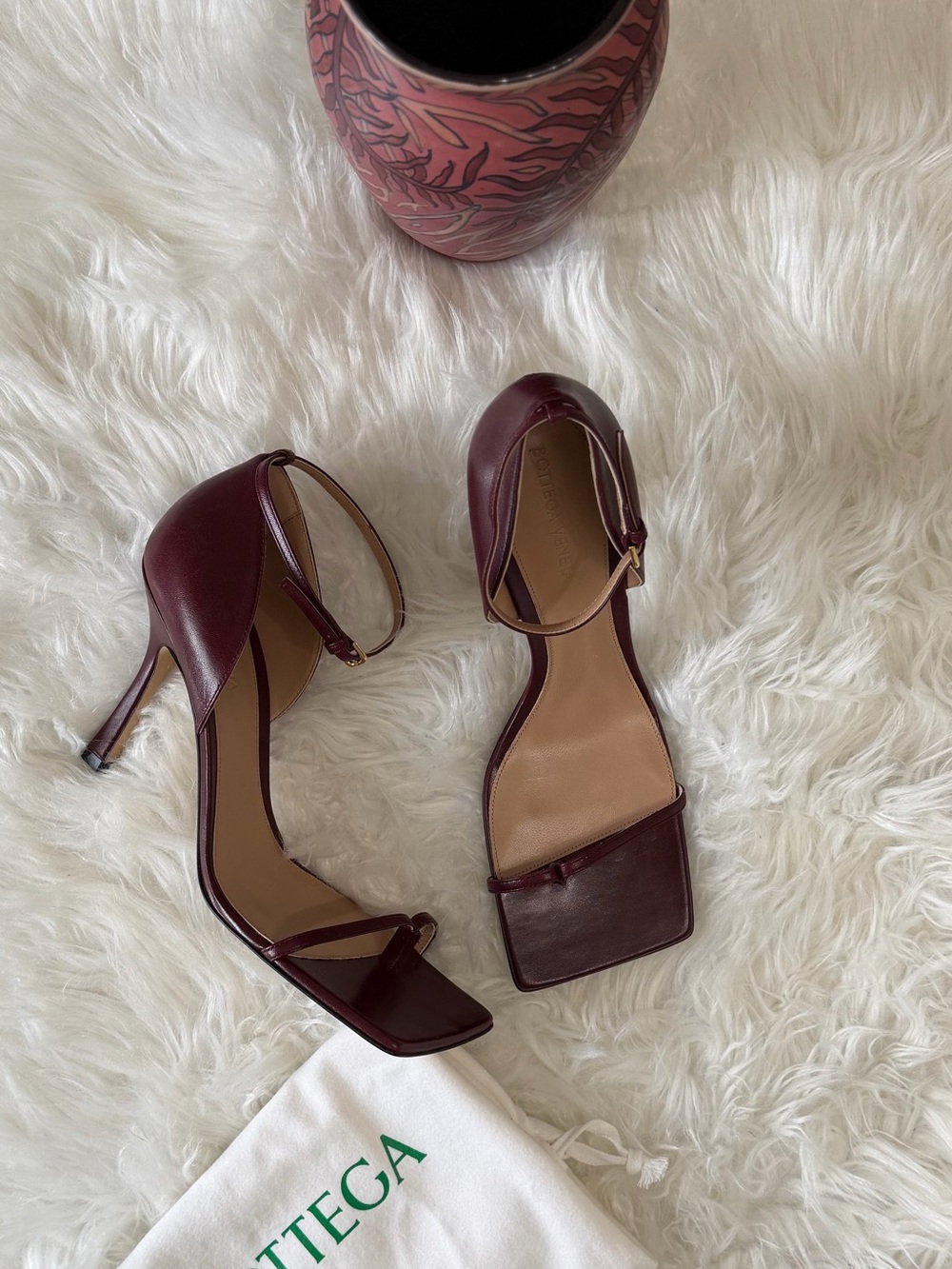 Bottega Veneta Burgundy Leather Square-Toe Ankle-Strap Heels